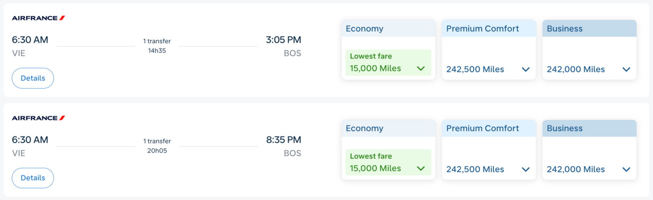 Example of a KLM/Air France Promo Reward for 15,000 miles to Europe