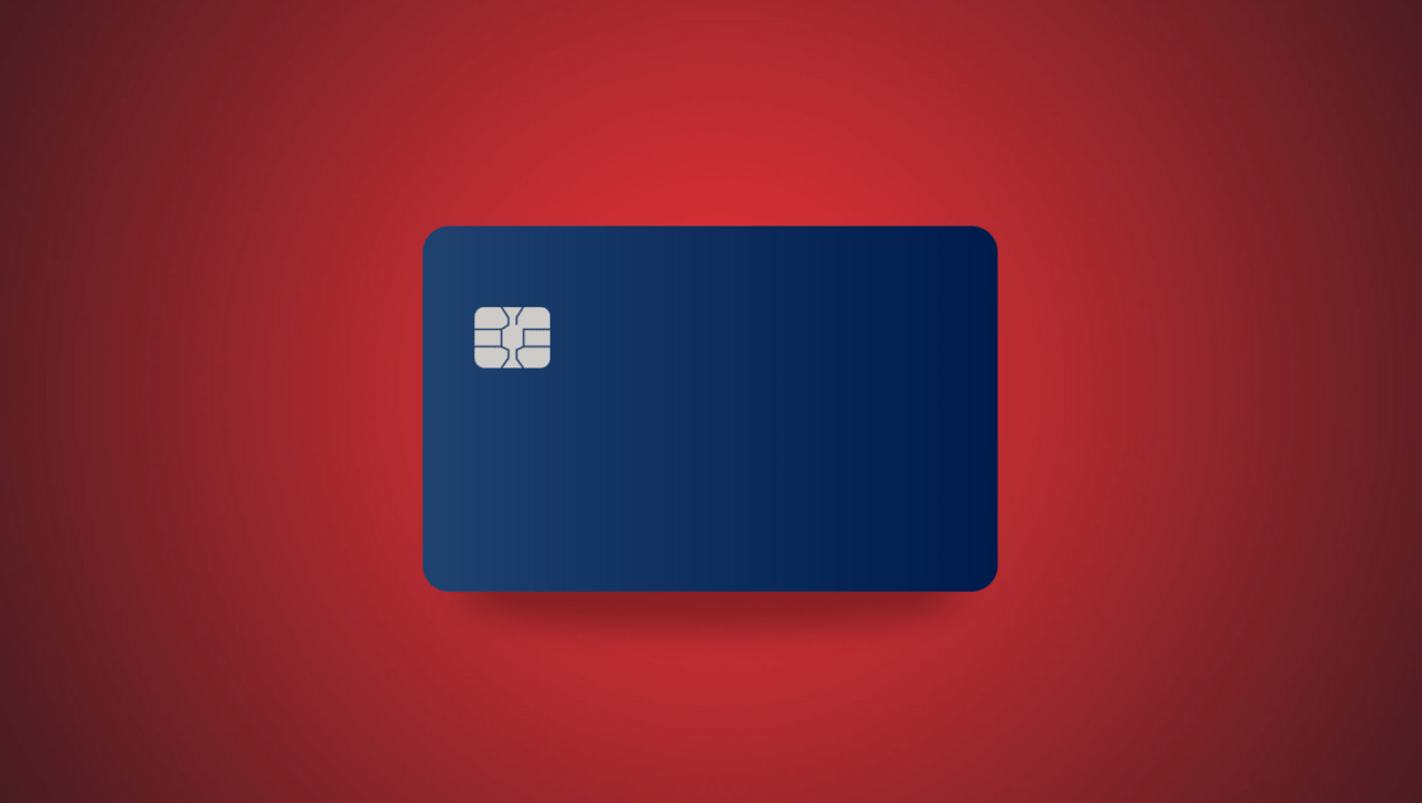 A blue credit card on a red background