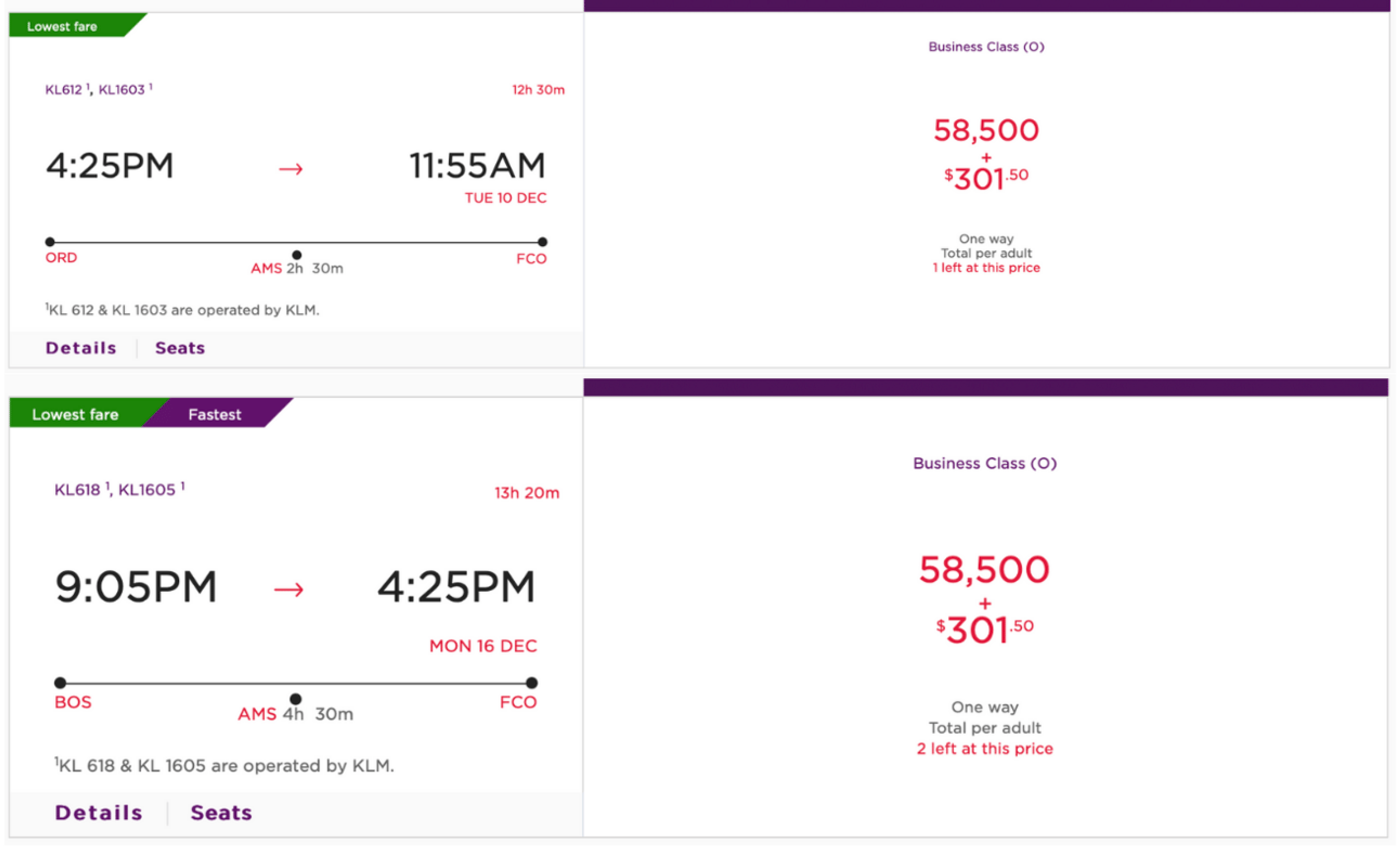 Screenshot of example booking from ORD and BOS to Rome for 58,500 points