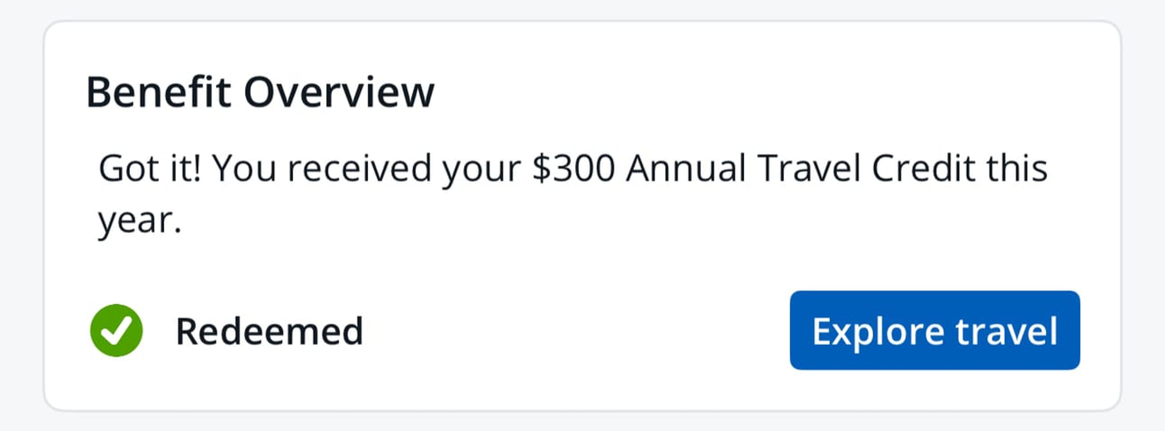 Screenshot from my account showing my $300 travel credit