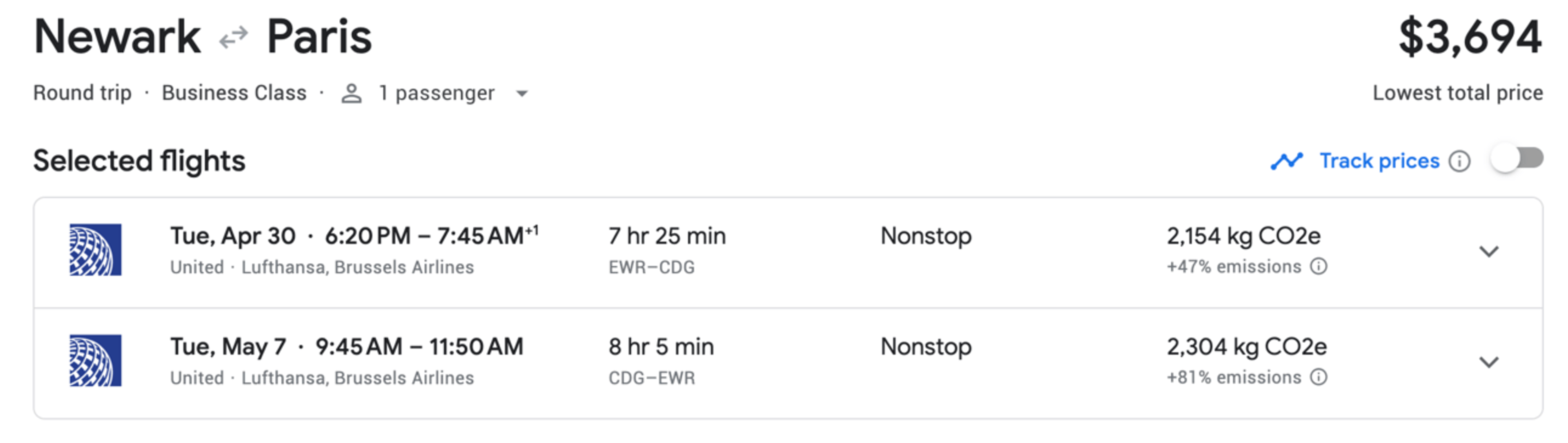 A screenshot from a sample booking on Google Flights, showing nonstop United flights in business class for over $3,000 per person.