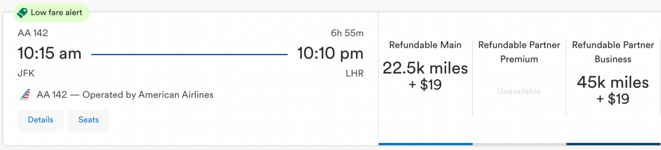 New York to London for 45,000 Alaska miles in business class