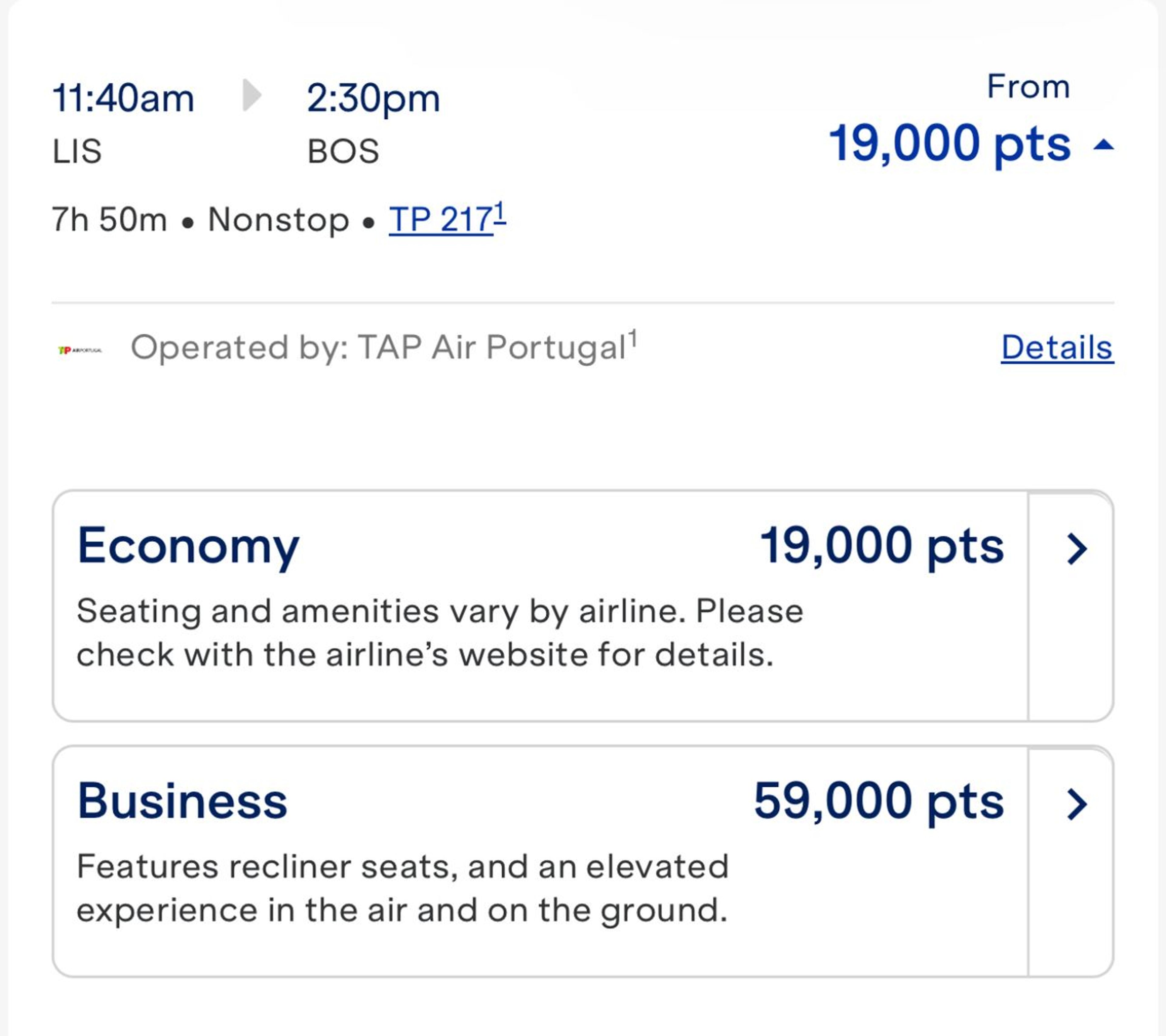 Example of a flight from Boston to Lisbon for 19,000 JetBlue miles in economy or 59,000 in business class