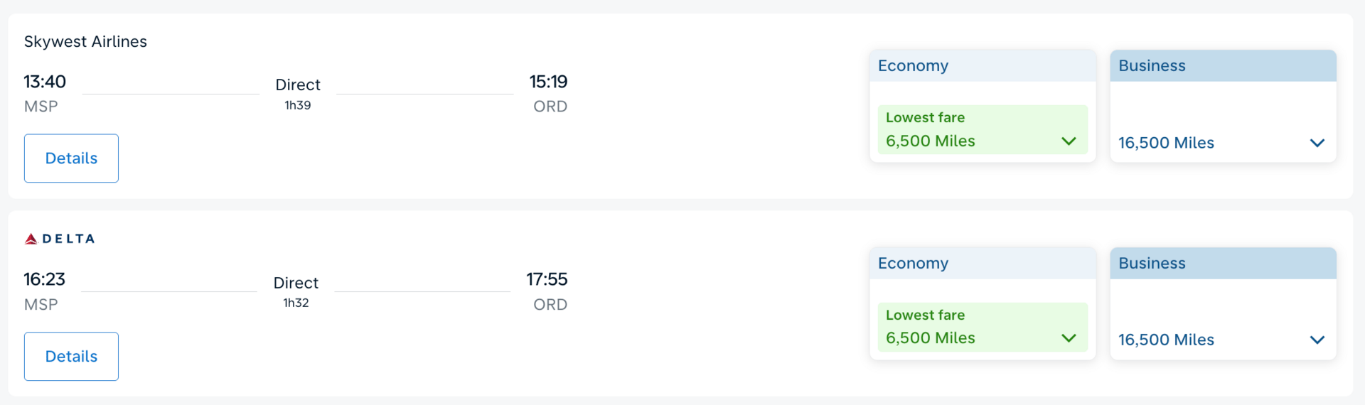 Minneapolis to Chicago on Delta for 6,500 Flying Blue miles