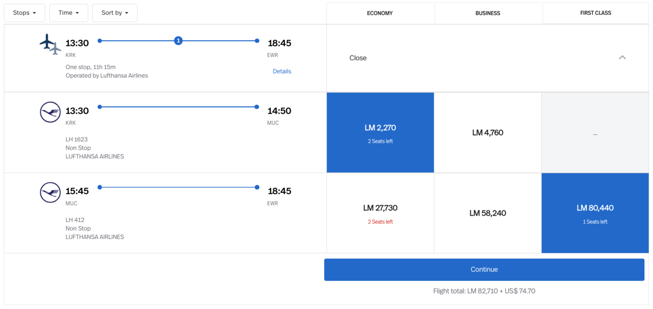 An example of how combining flight segments can reduce the overall cost of a first-class flight