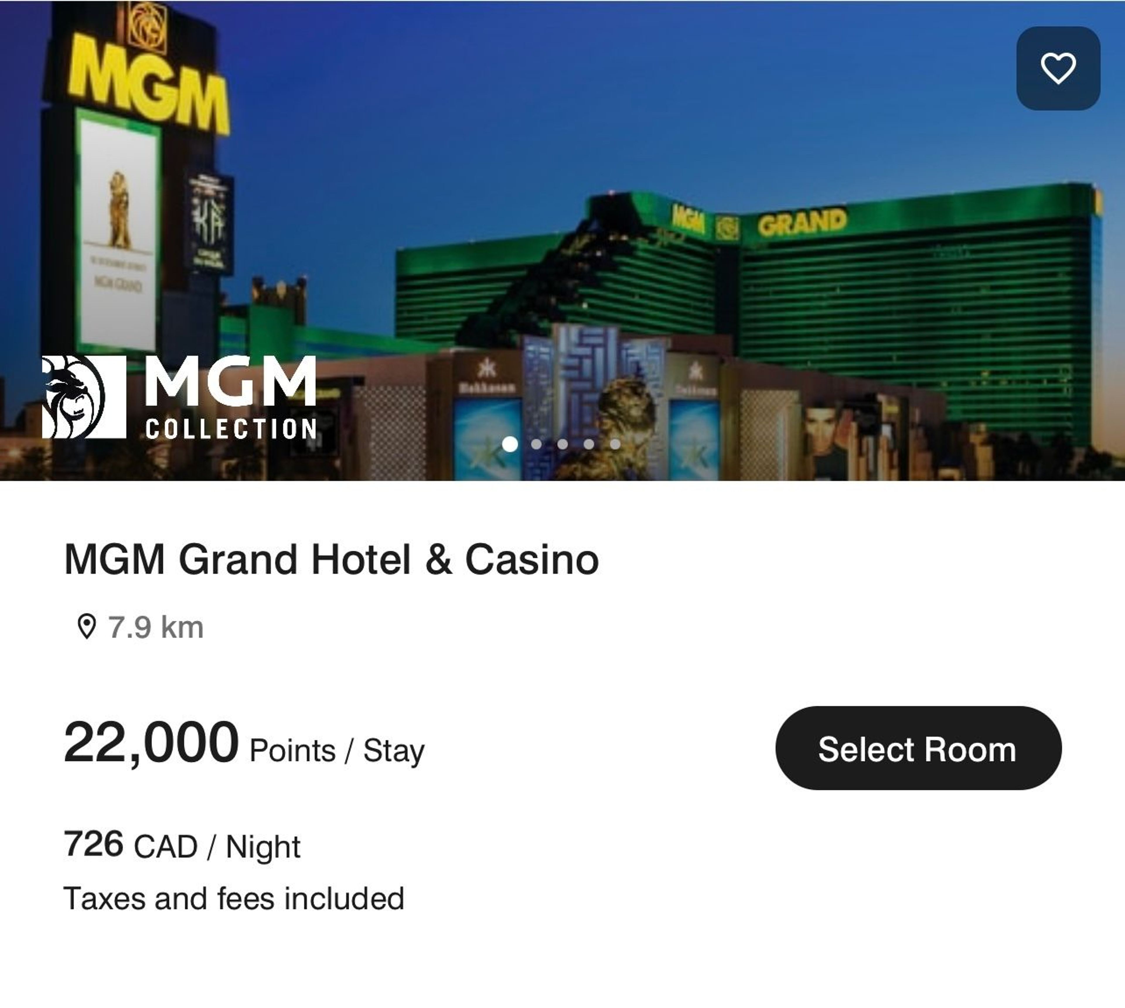 A screenshot f an MGM proerty that costs 22,000 Marriott points