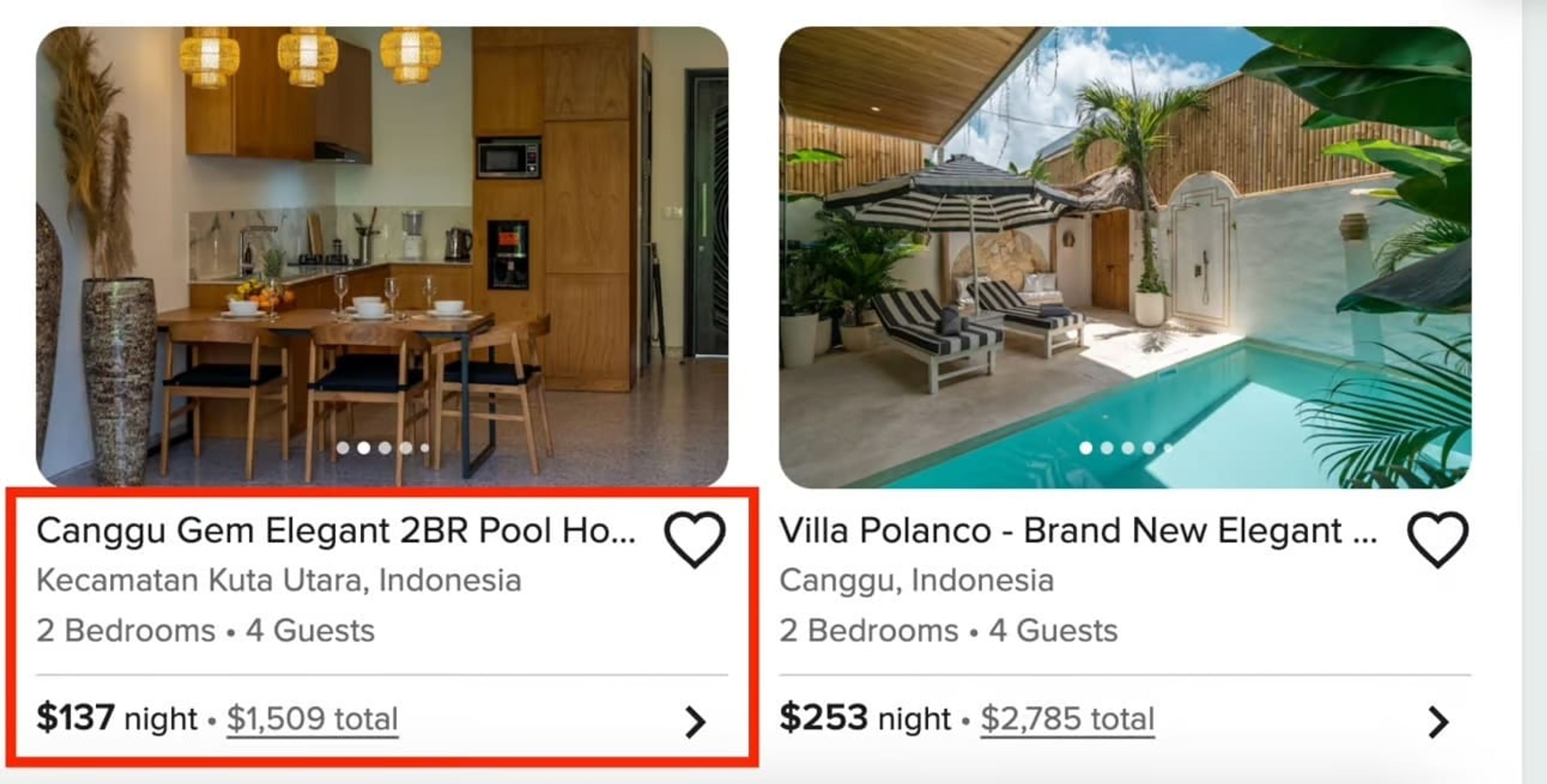 Sample H&V booking in Bali
