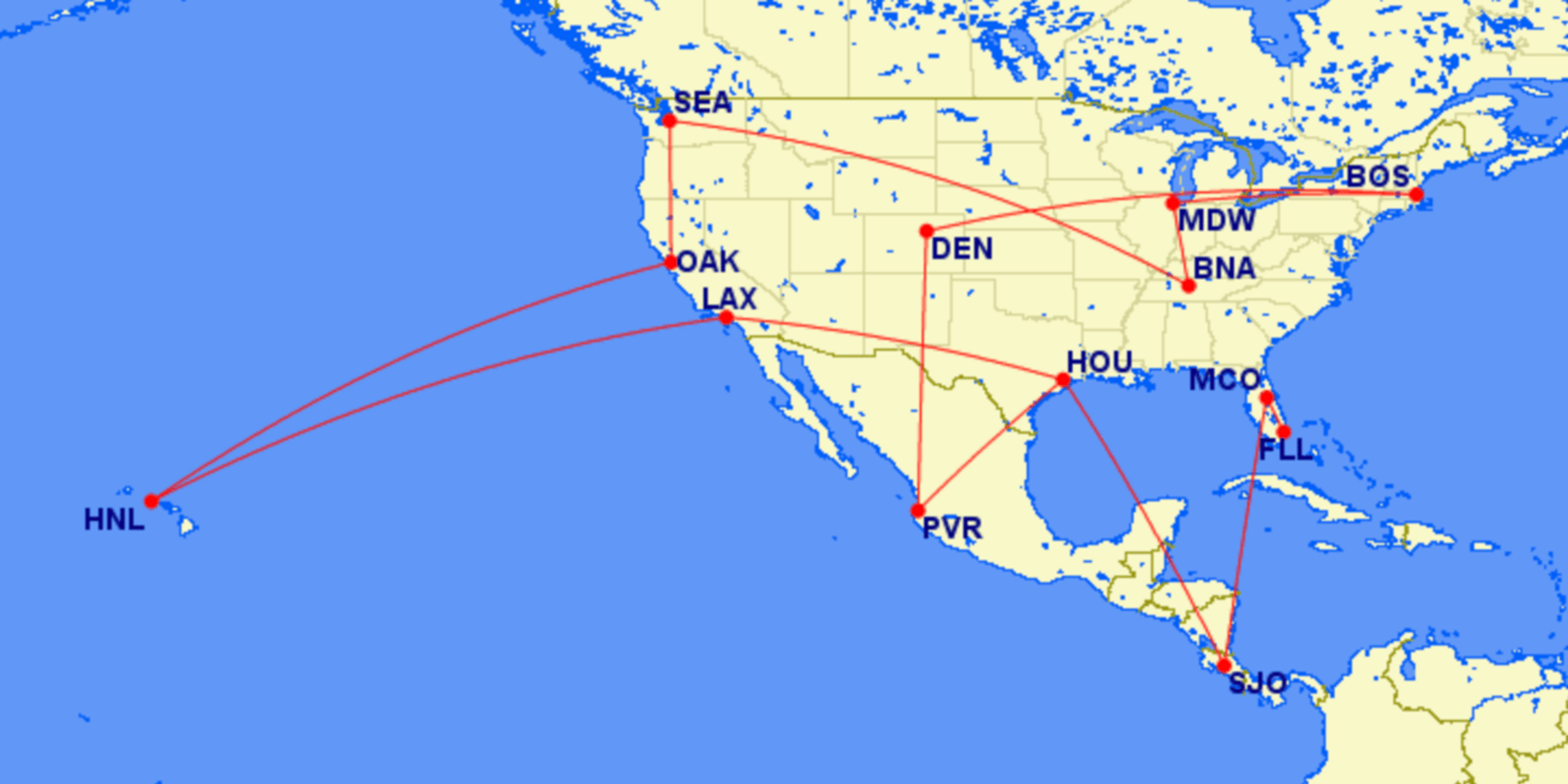 Crazy flight itinerary around the U.S. and central America for 89,000 Southwest points