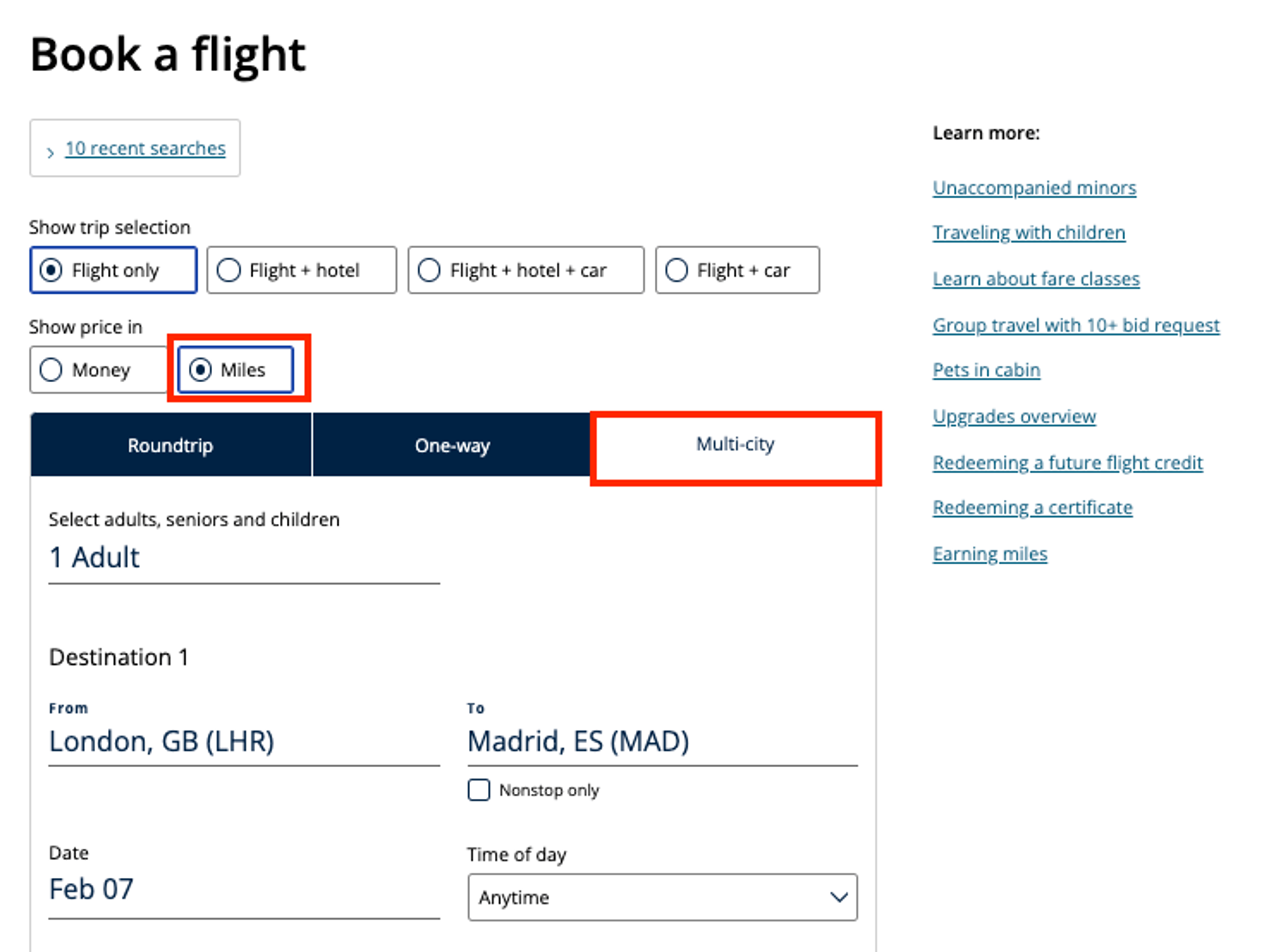 Make sure you select “miles” and “multi-city”