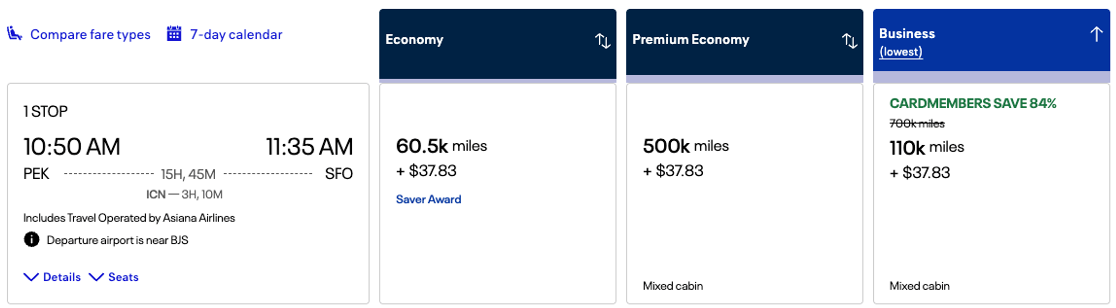 PEK to SFO for 110k miles business class