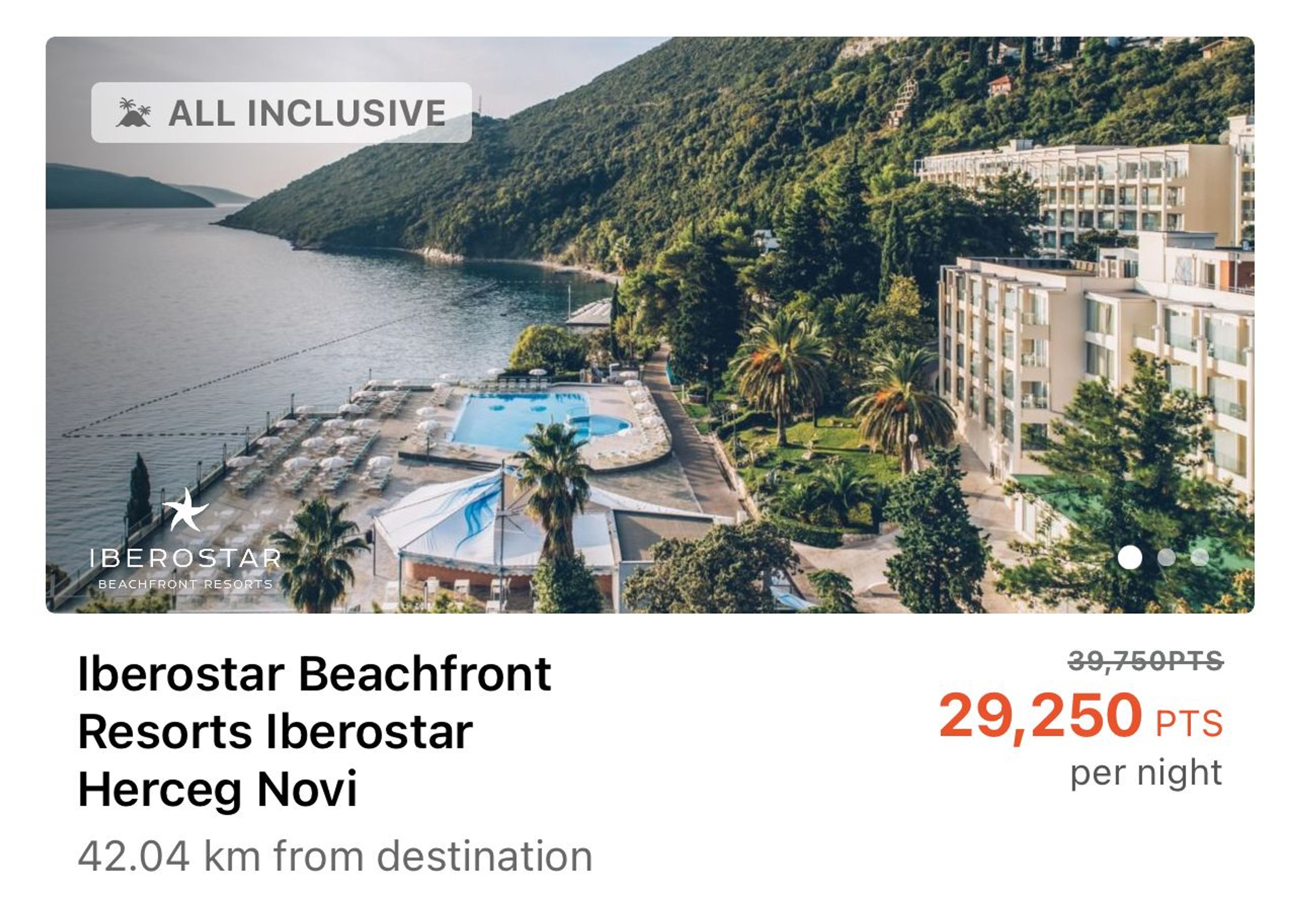 A screenshot of an Iberostar hotel in Montenegro that costs 30k points per night