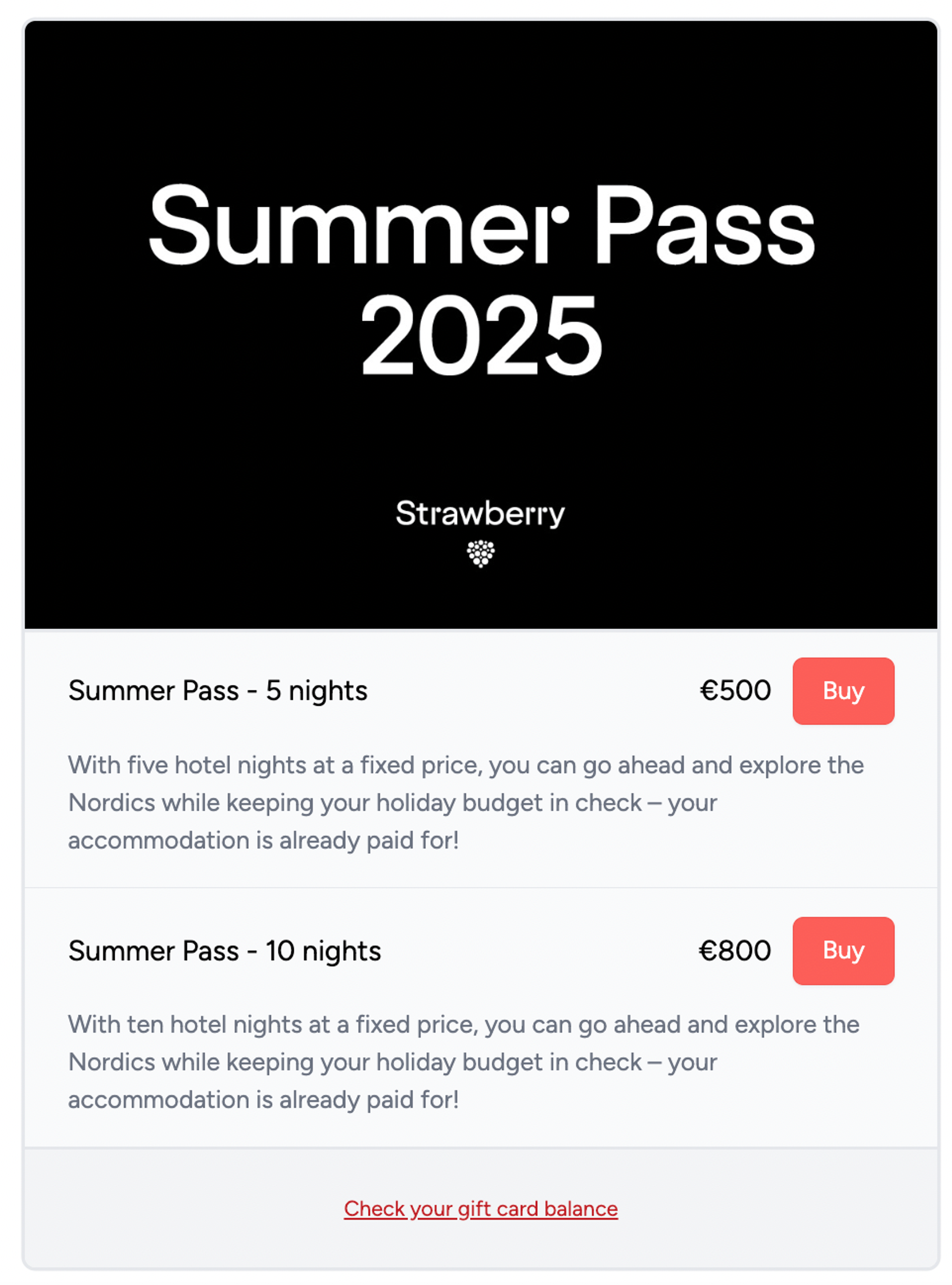 Strawberry Hotels Summer Pass purchase page