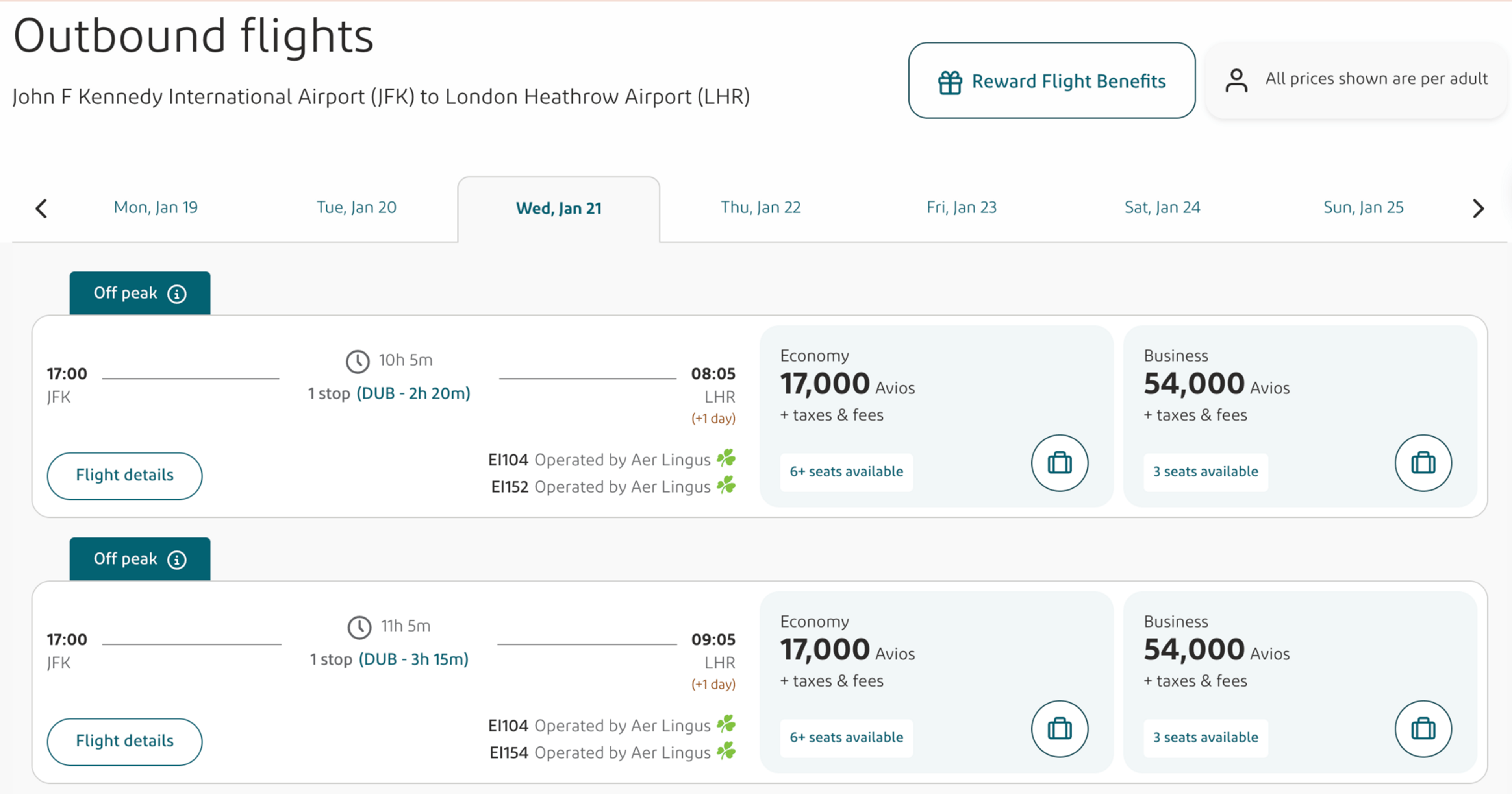 JFK to LHR for 17k Avios one way