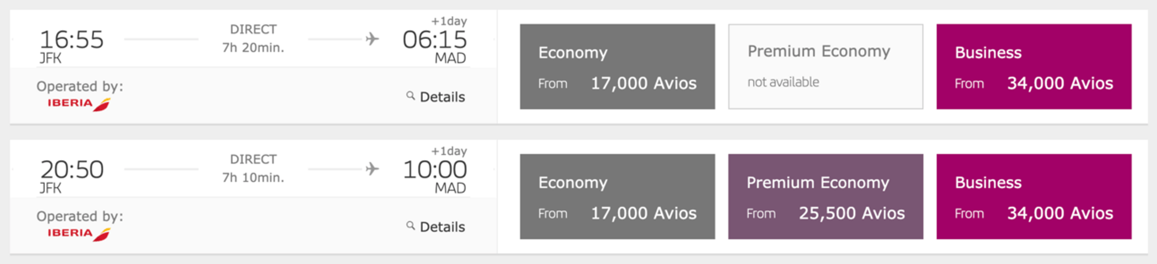 New York to Madrid for 34,000 Avios in business class