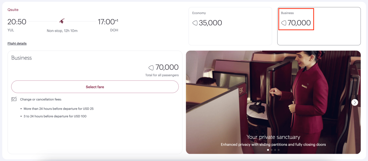 Qatar Qsuites from YUL-DOH for 70k points