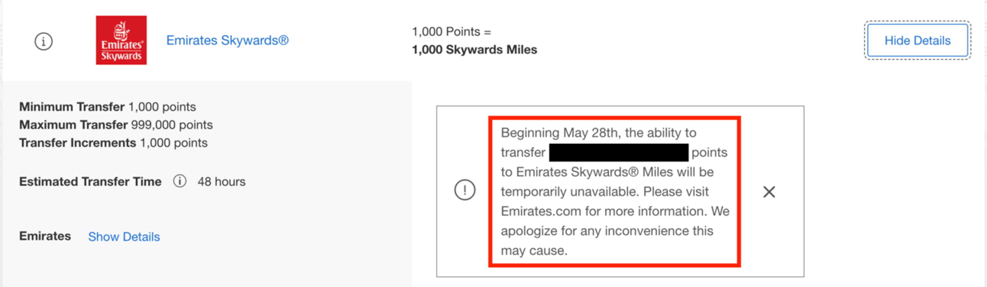 MR Points transfer page to Emirates