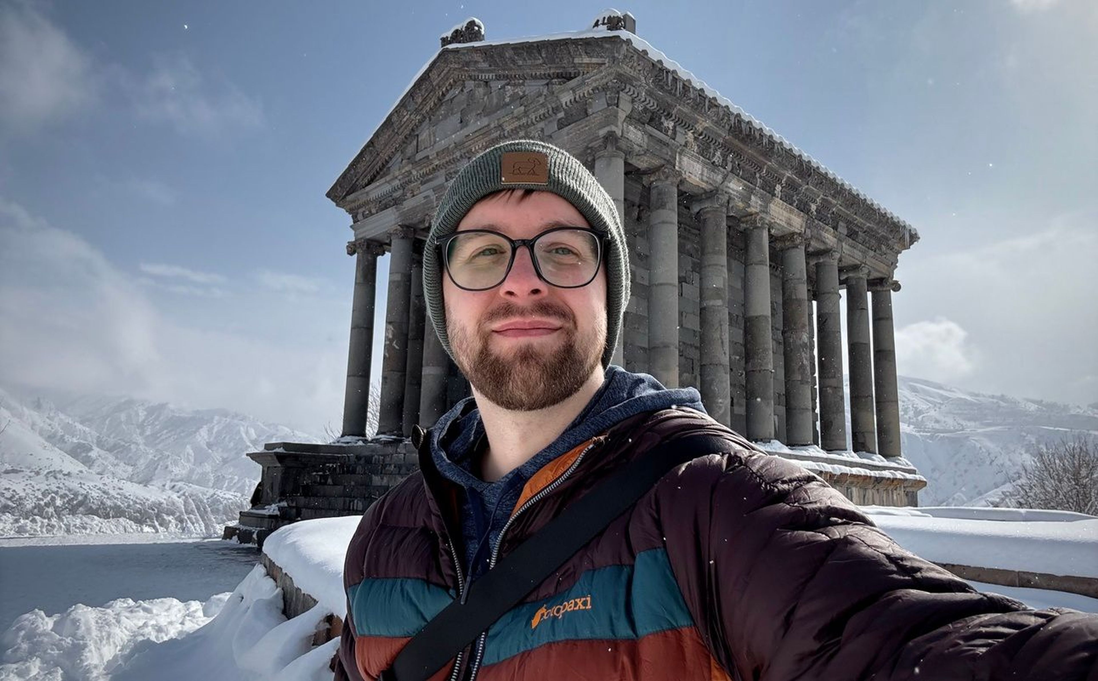 A Photo of me in front of Garni, a Pagan temple in Armenia