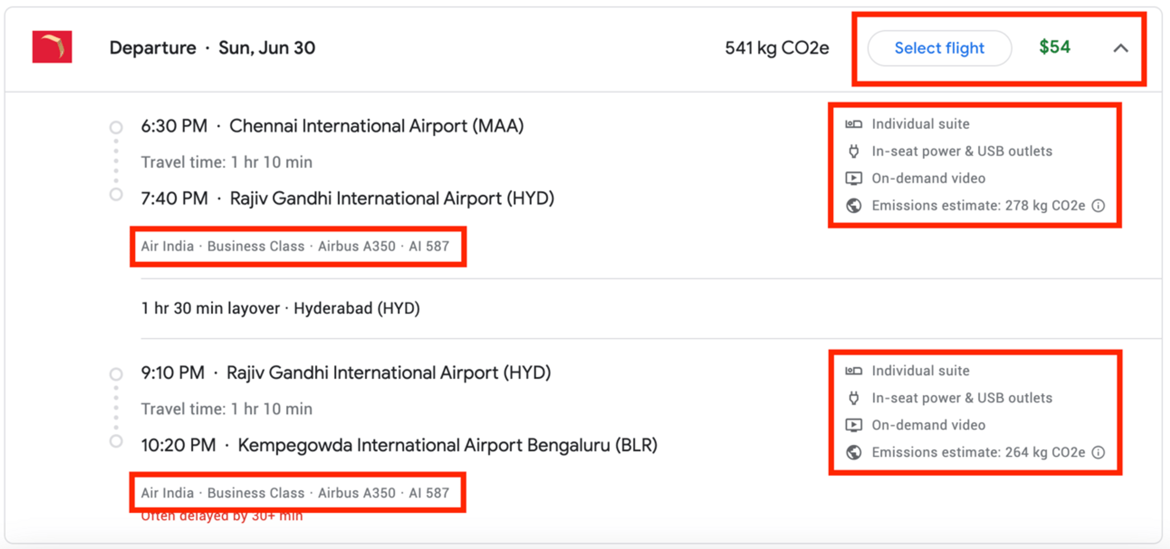 Sample Booking on Air India business class for $54.