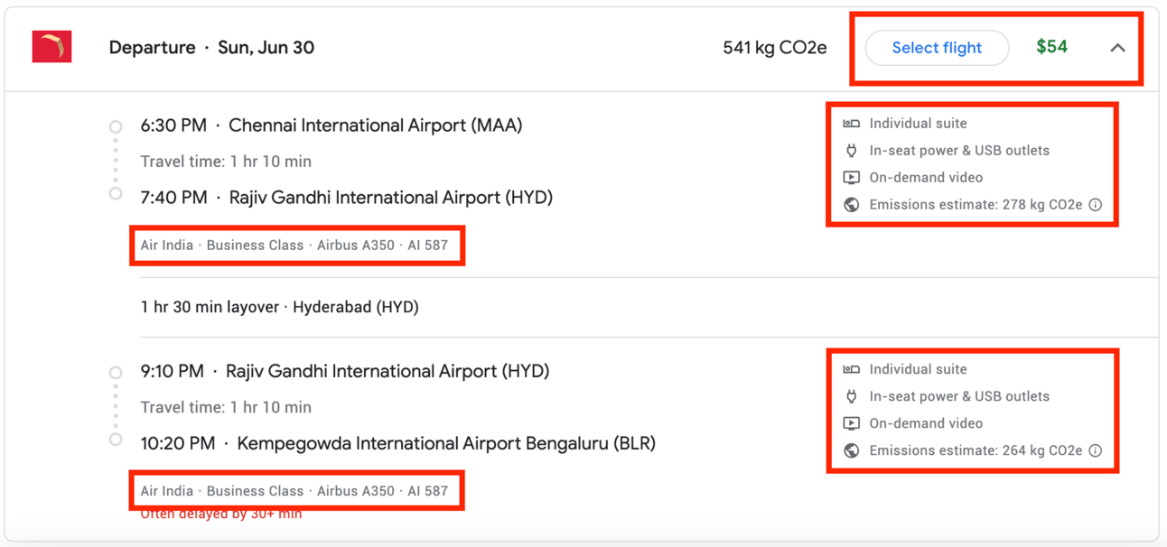 Sample Booking on Air India business class for $54.