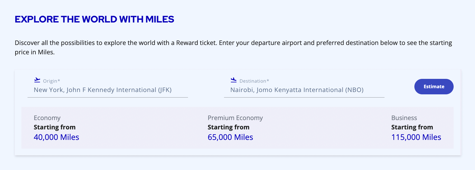 Example award pricing from New York (JFK) to Nairobi (NBO) on Flying Blue
