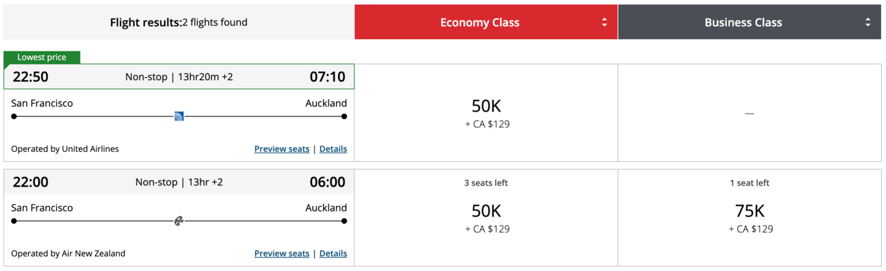 SFO-AKL with Aeroplan points