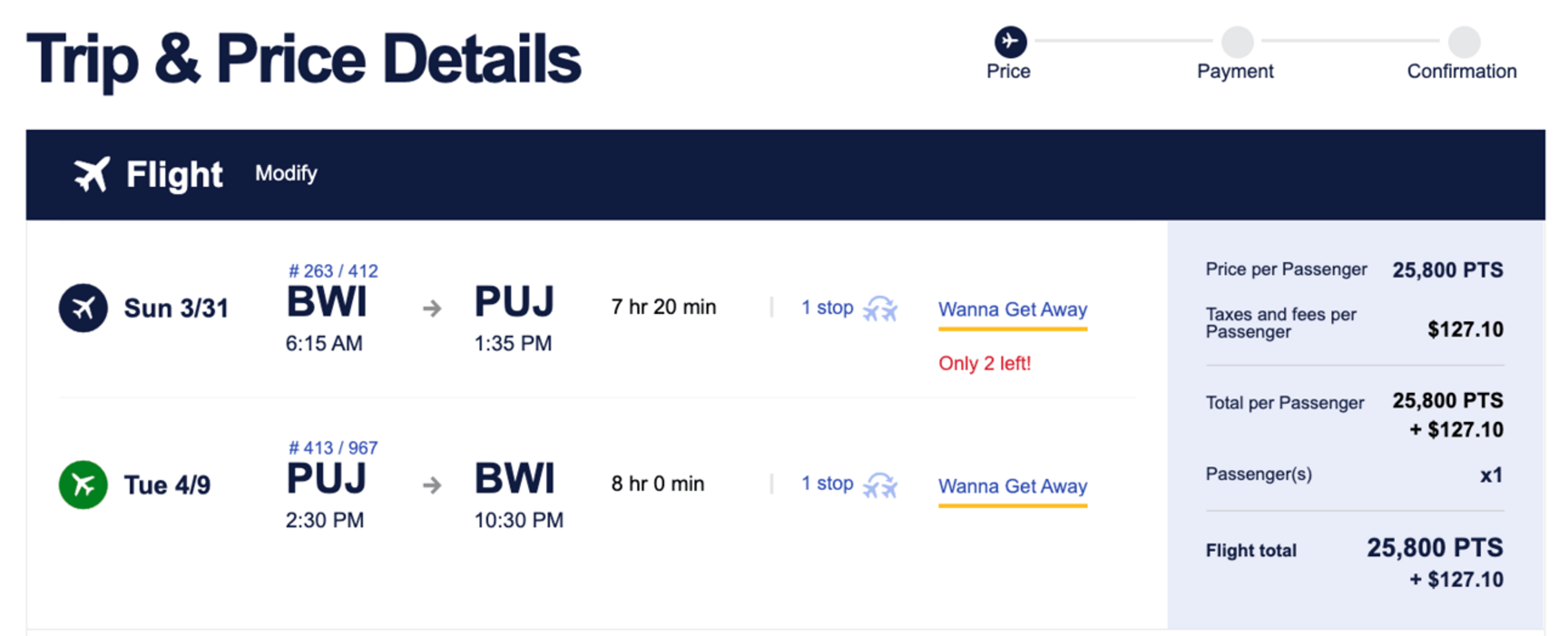 An example of a Southwest booking from BWI-PUJ for 25,000 points round-trip