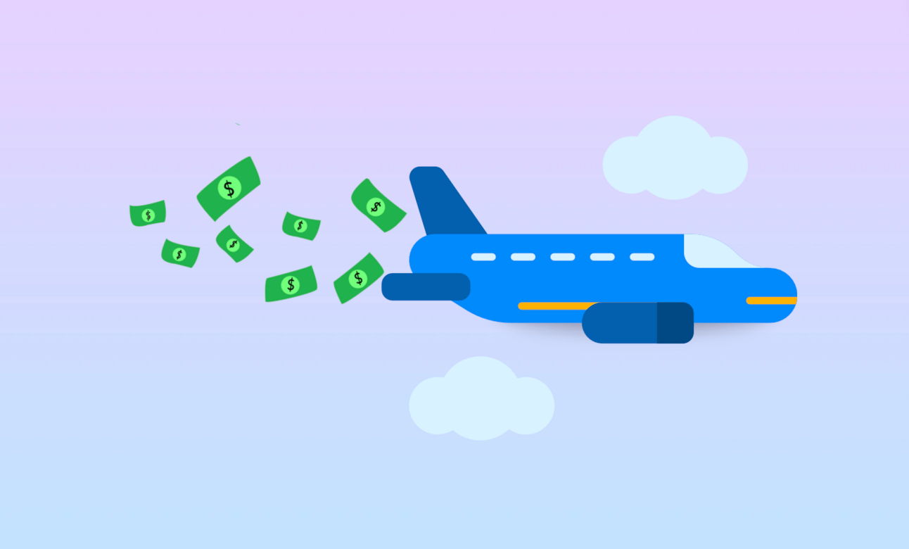 An airplane graphic with money flowing behind it on a like purple and blue background
