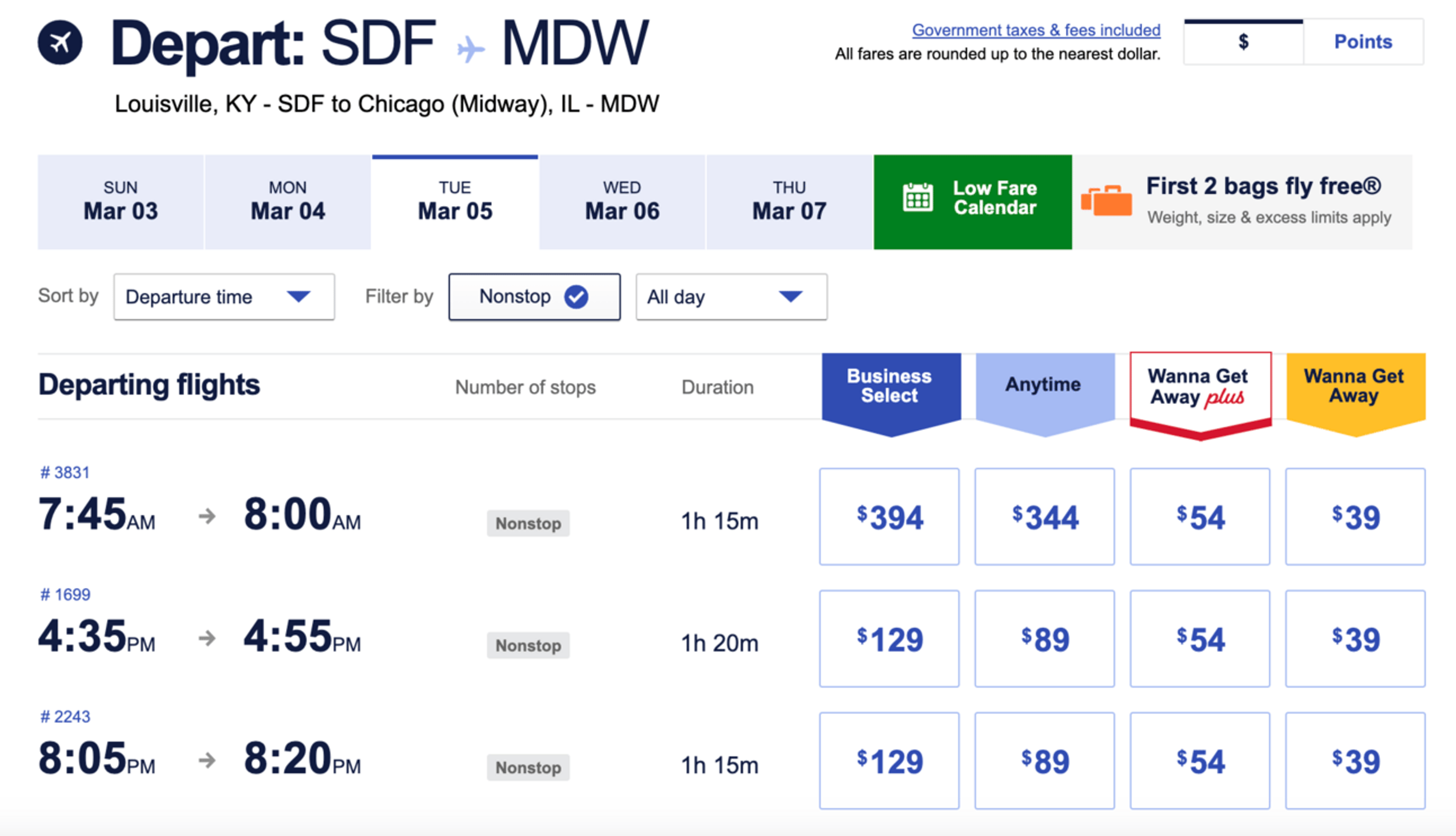 A screenshot fro Southwest's website showing a $39 flight from Louisville to Chicago