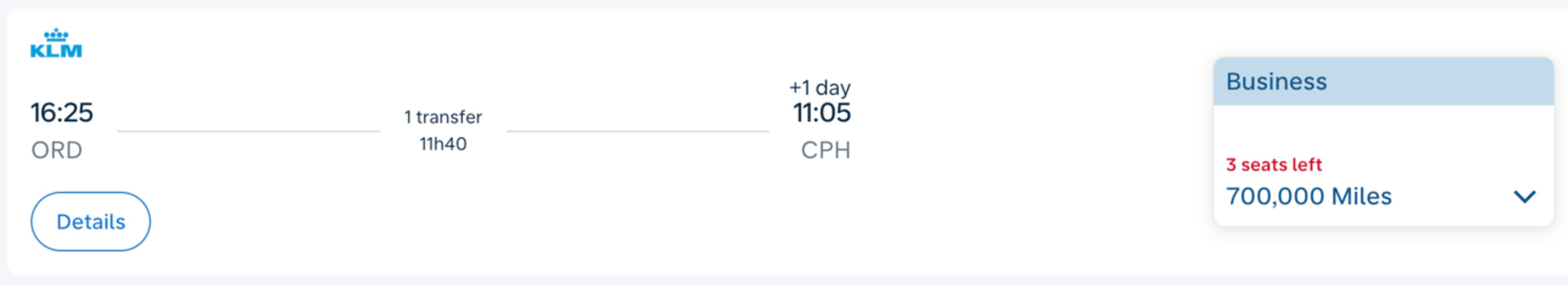 A screenshot of KLM charing 700,000 miles for a flight to Europe