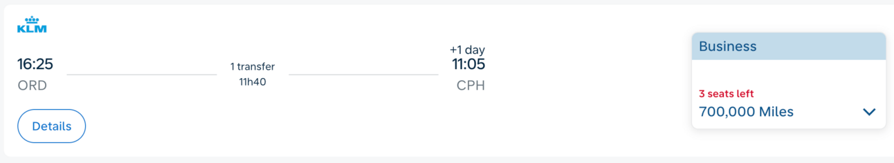 A screenshot of KLM charing 700,000 miles for a flight to Europe