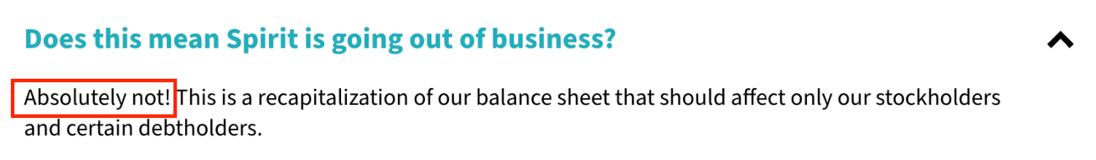 Screenshot from Spirit's website claiming they are "absolutely not" going out of business.
