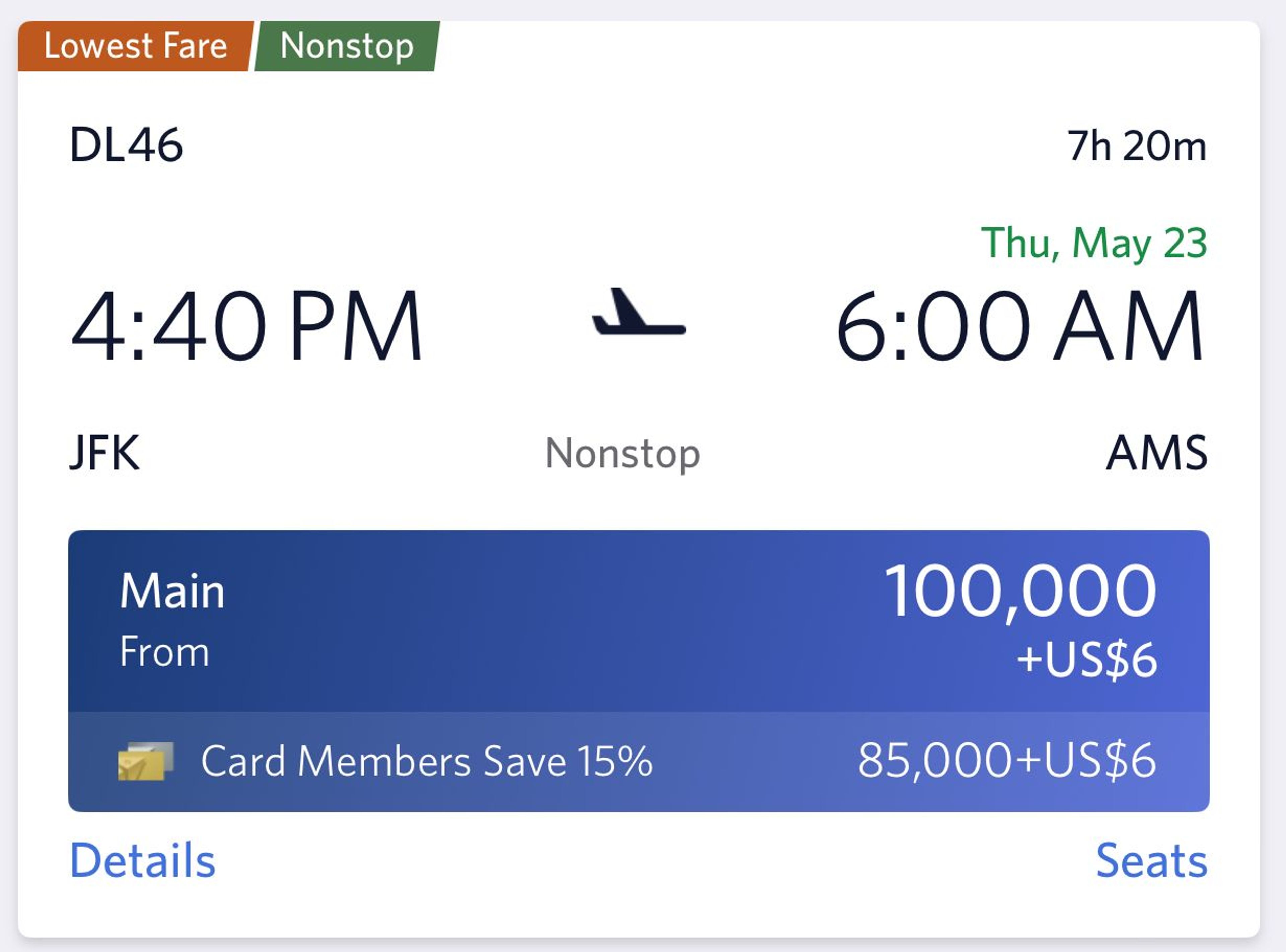Delta from JFK-AMS for 100k miles