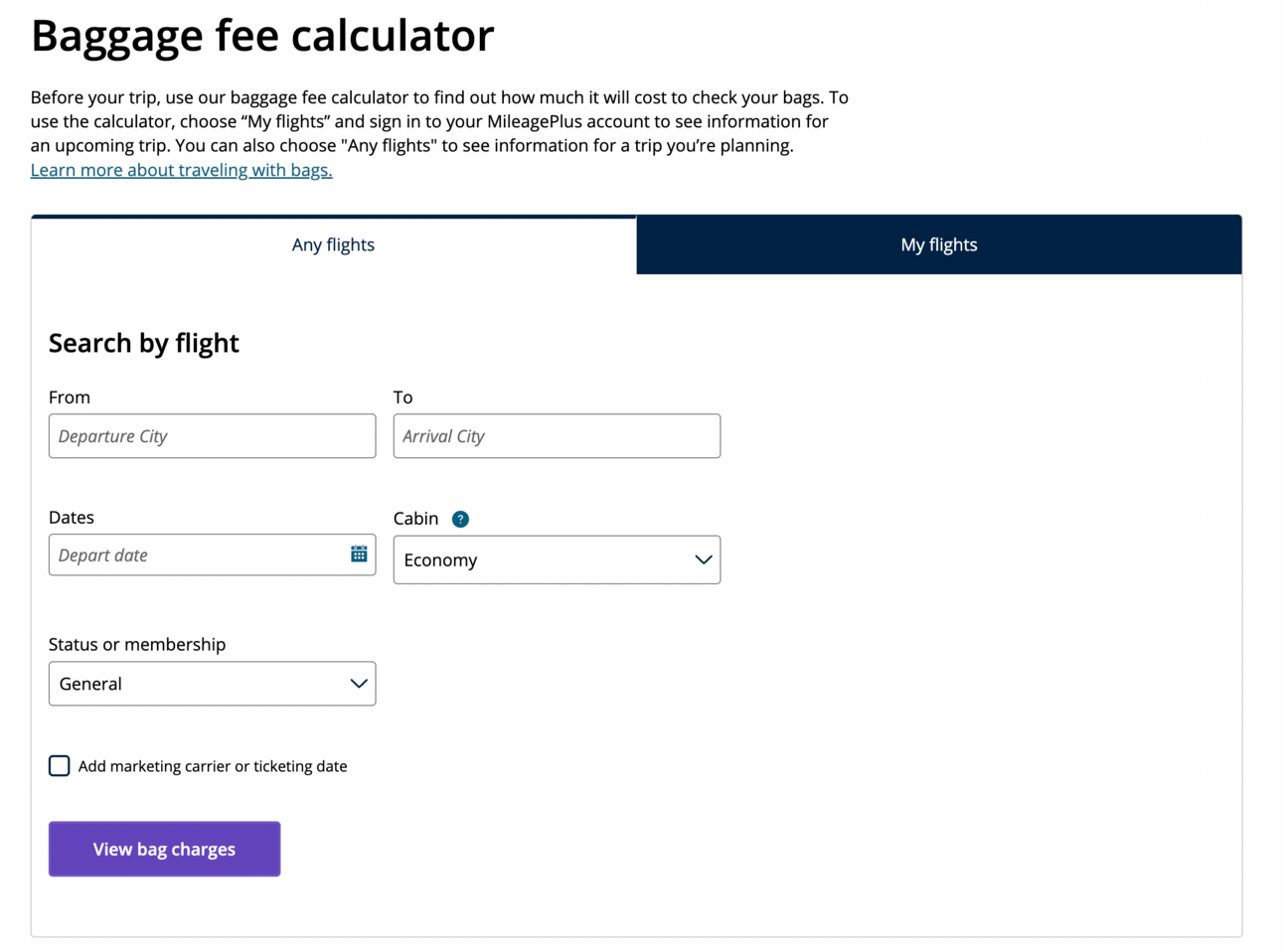 A screenshot from United's online baggage fee tool