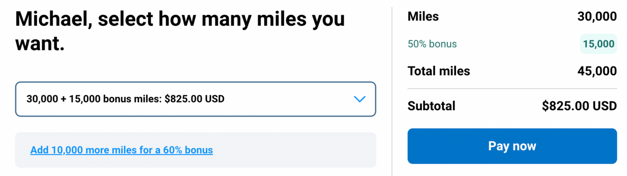 An example of buying 45,000 Alaska miles for $825 USD
