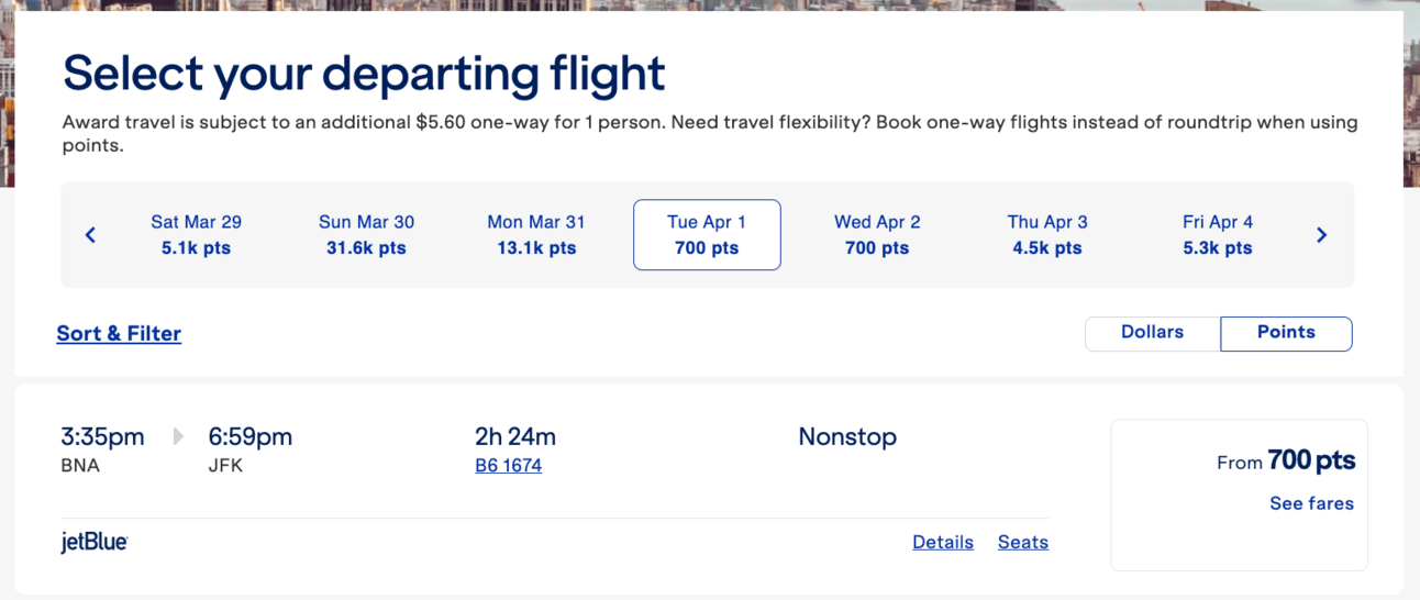 Nashville to New York for 700 JetBlue points