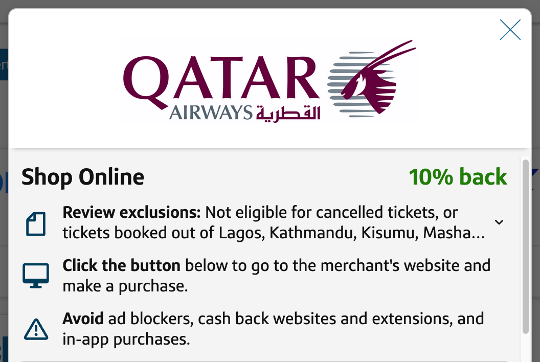 A screenshot of my offer to get 10% back at Qatar Airways