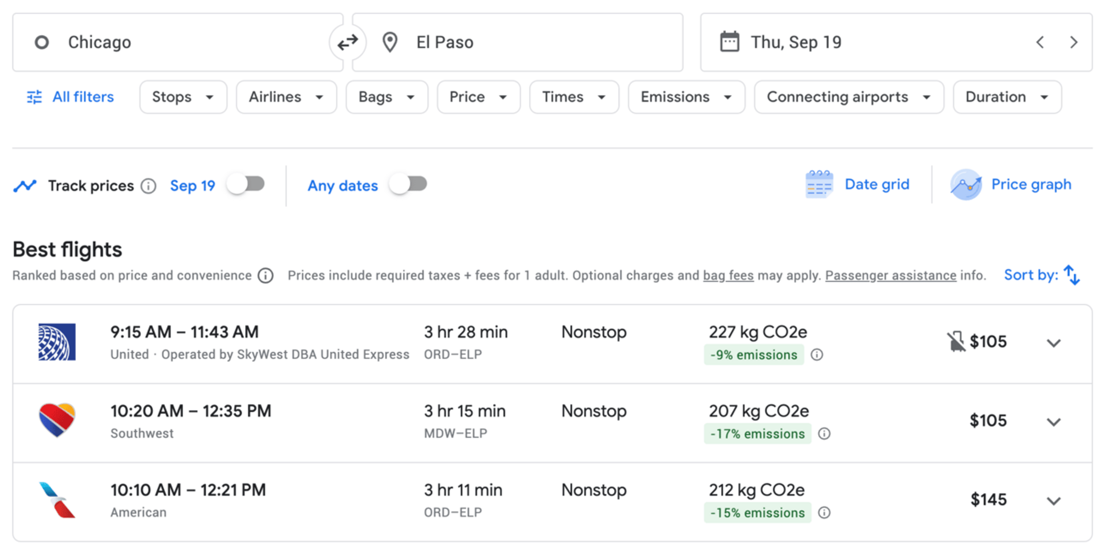 Sample flight search on Google