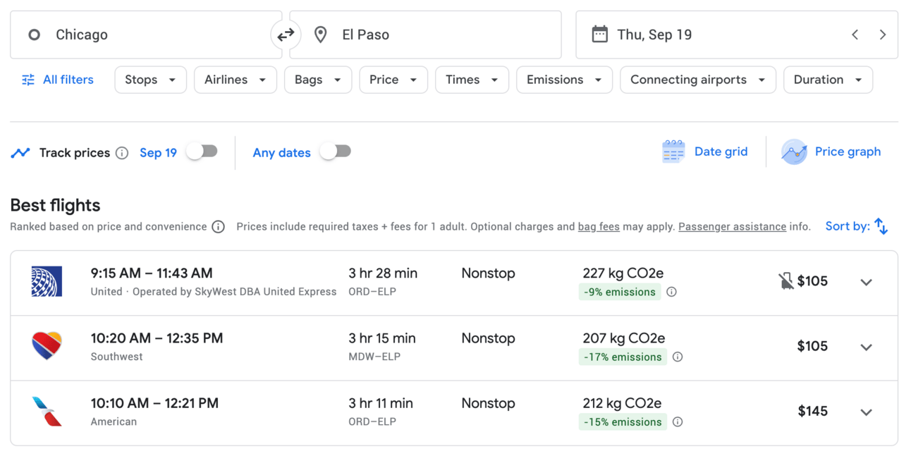 Sample flight search on Google