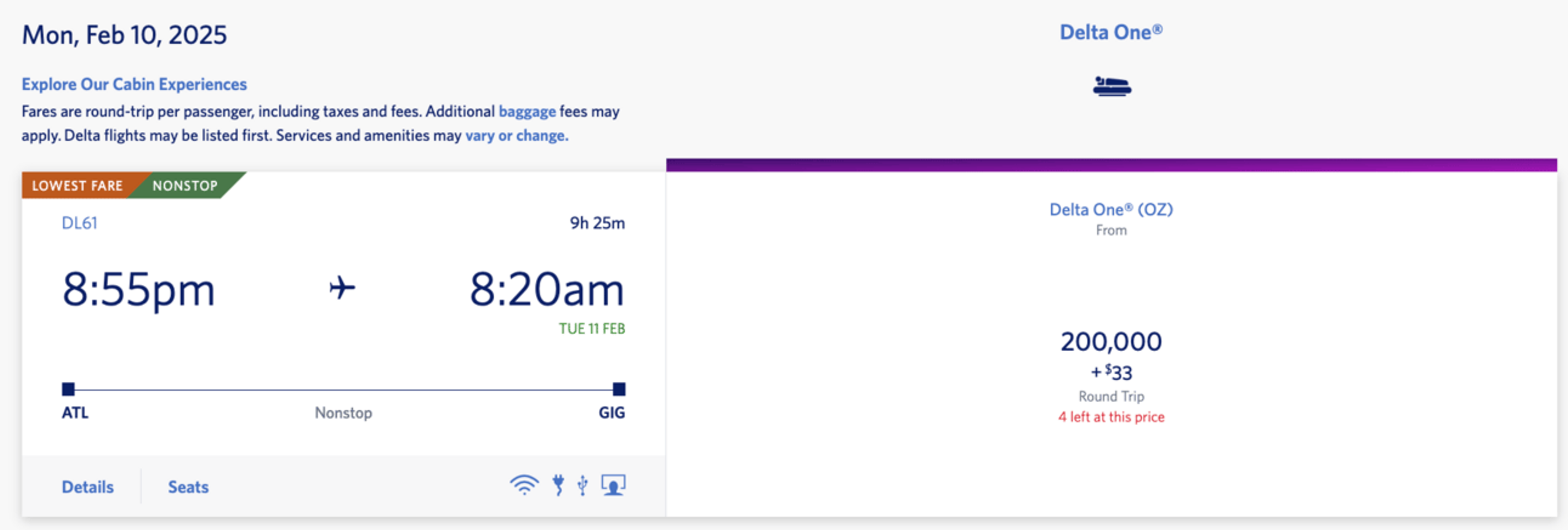 Example of a round-trip flight from Atlanta to Rio de Janeiro for 200,000 SkyMiles round-trip