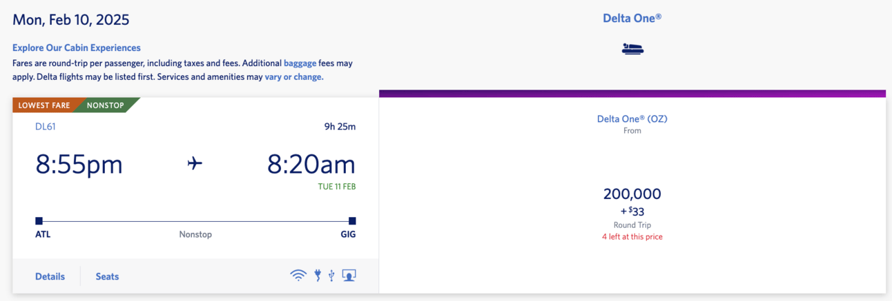 Example of a round-trip flight from Atlanta to Rio de Janeiro for 200,000 SkyMiles round-trip