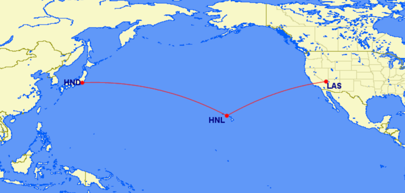 Map of a route from Las Vegas to Honolulu to Tokyo
