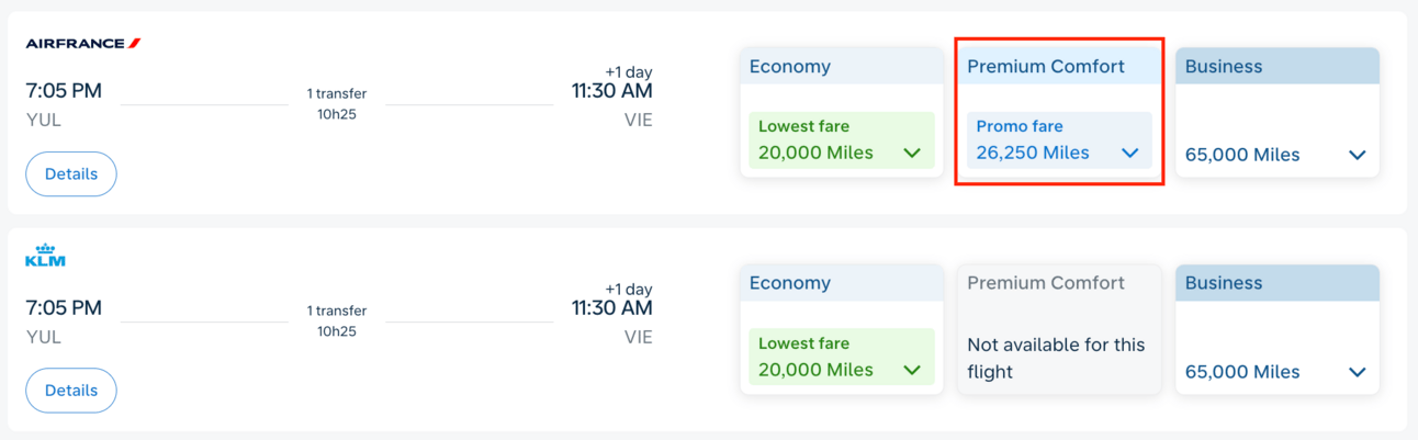 <ontreal to Vienna for 26,250 miles in Premium Economy
