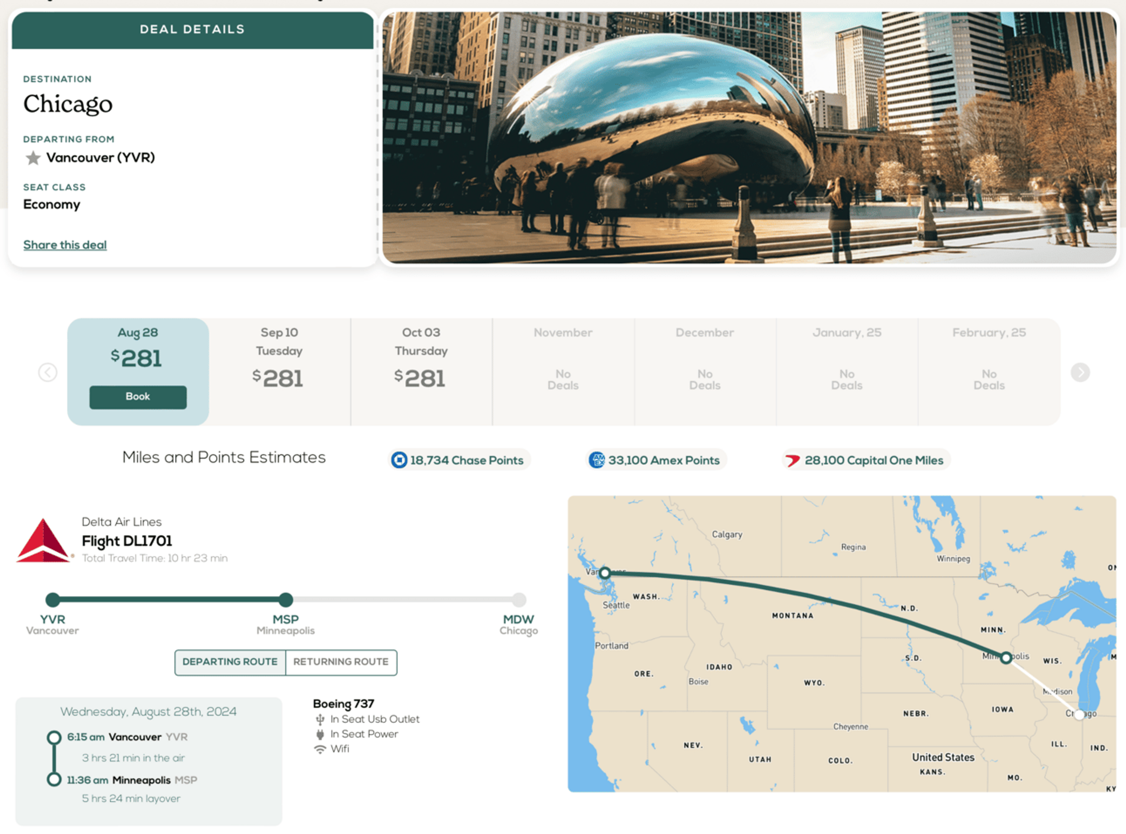 Screenshot of a FareDrop deal from Vancouver to Chicago