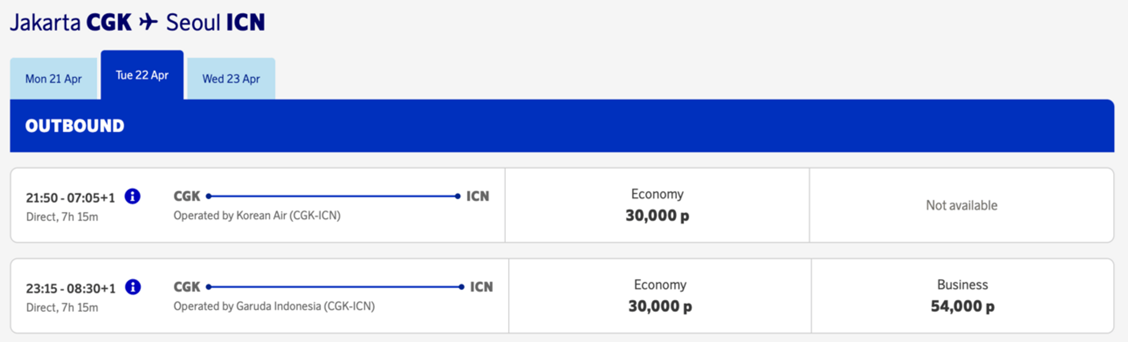 Jakarta to Seoul for 54,000 miles in business-class
