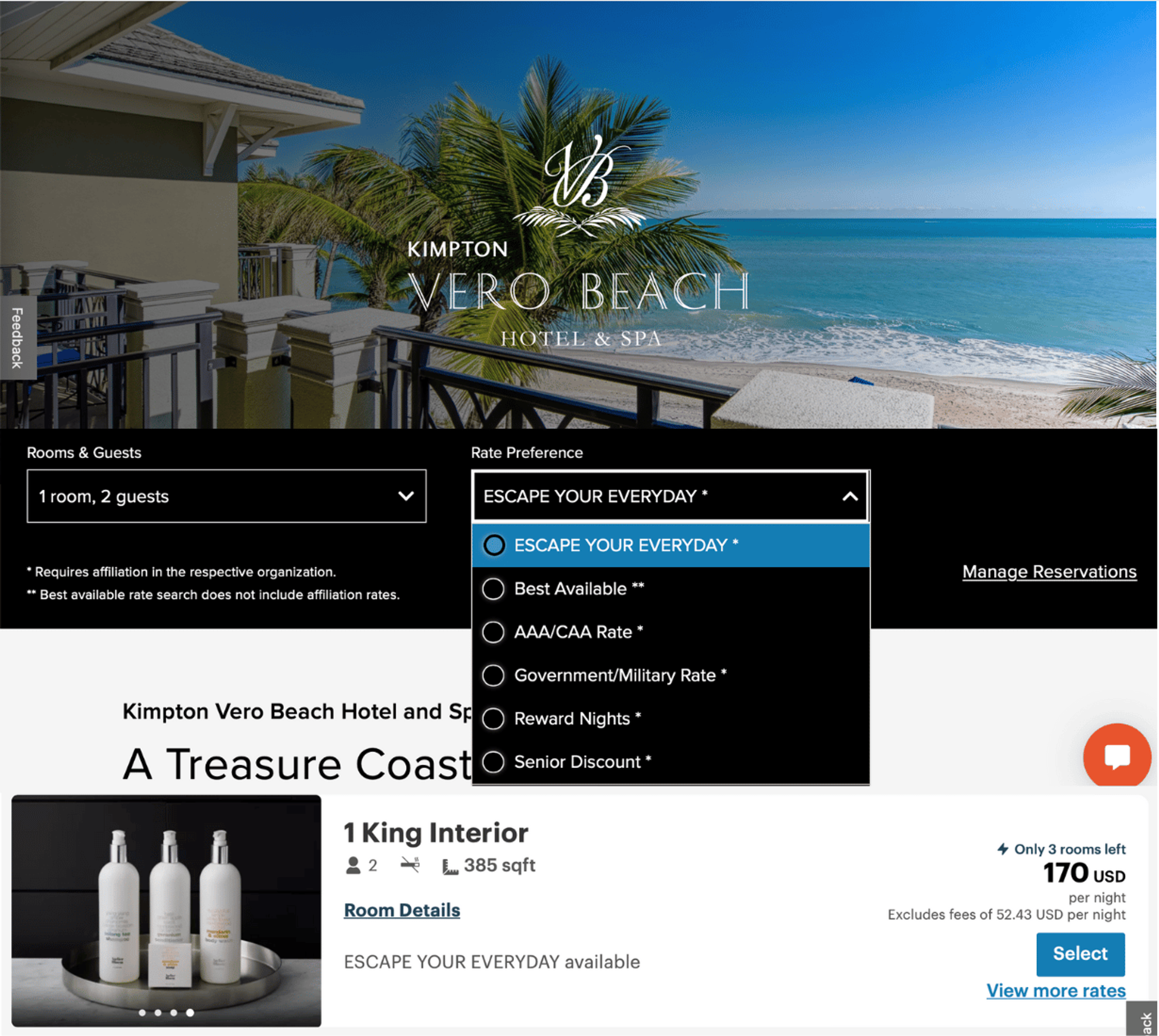 An image of a beach-side background with pricing details for the Kimpton Vero Beach Hoel & Spa