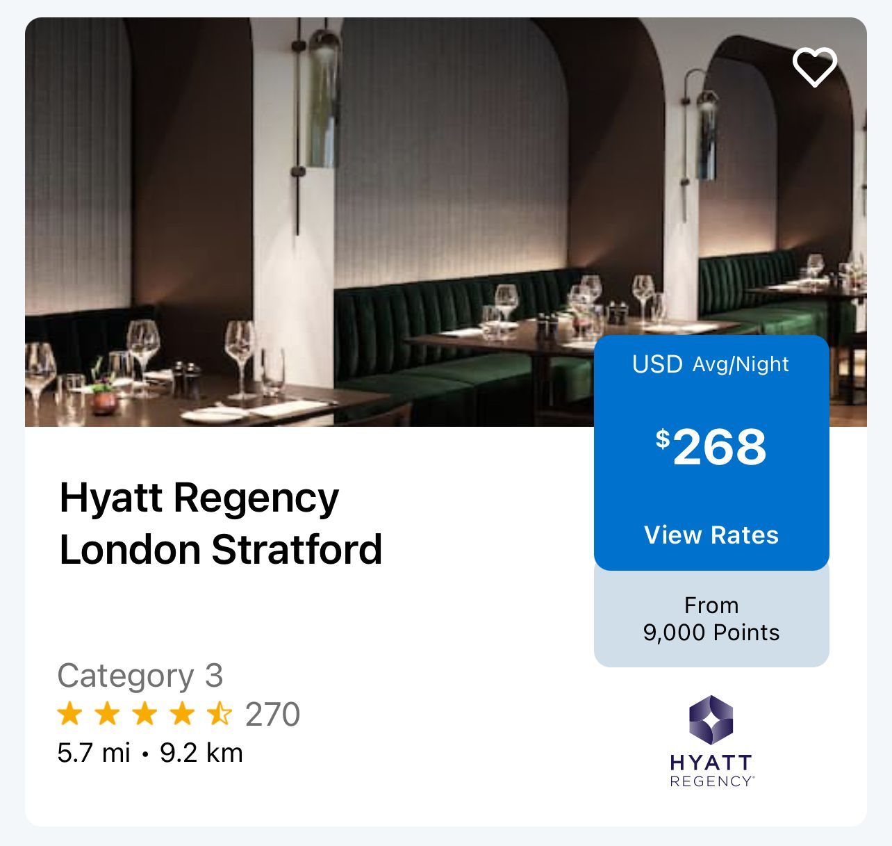Hyatt Regency London for 9,000 points per night