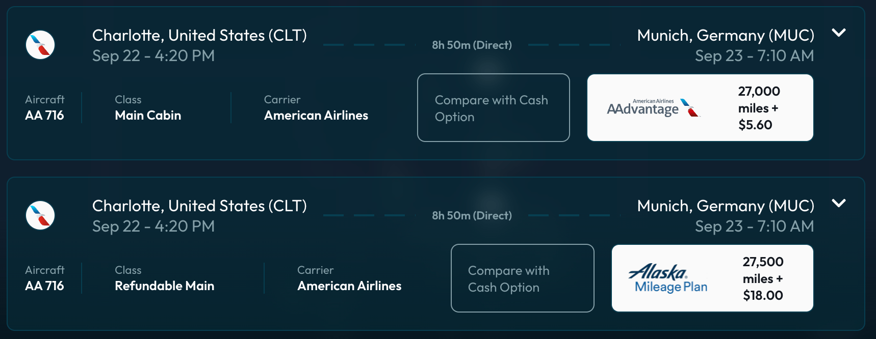 Charlotte to Munich with AA or alaska miles