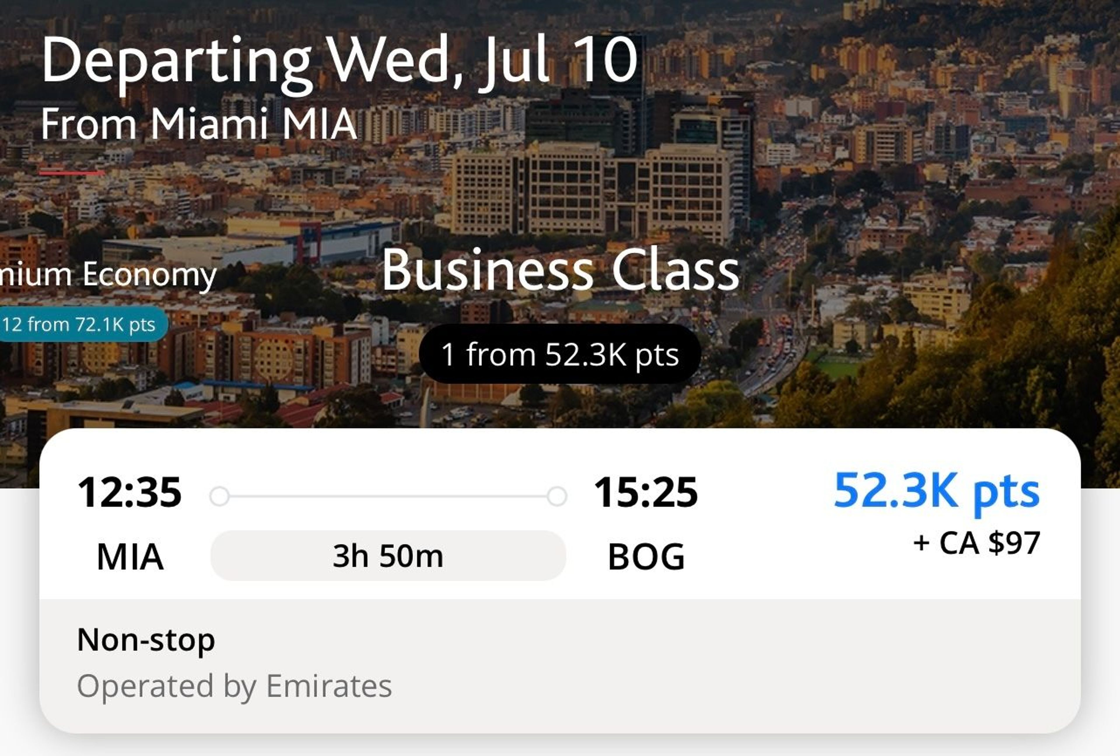 An example of booking the new Emirates flight using Aeroplan points (in business)