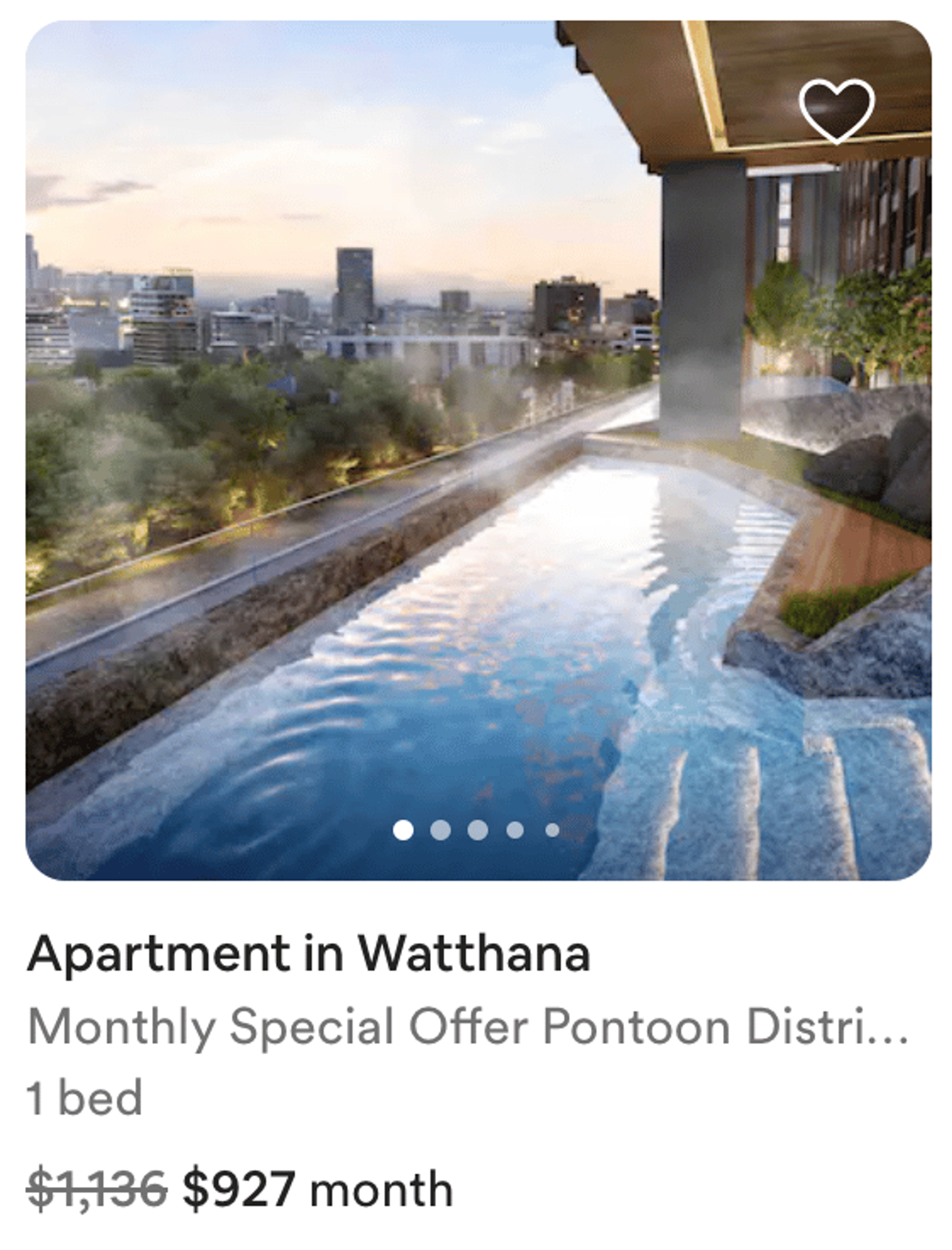 A sceeenshot from Airbnb showing a full, month-long stay at an apetment in Bangkok for around $1,000 for the month.