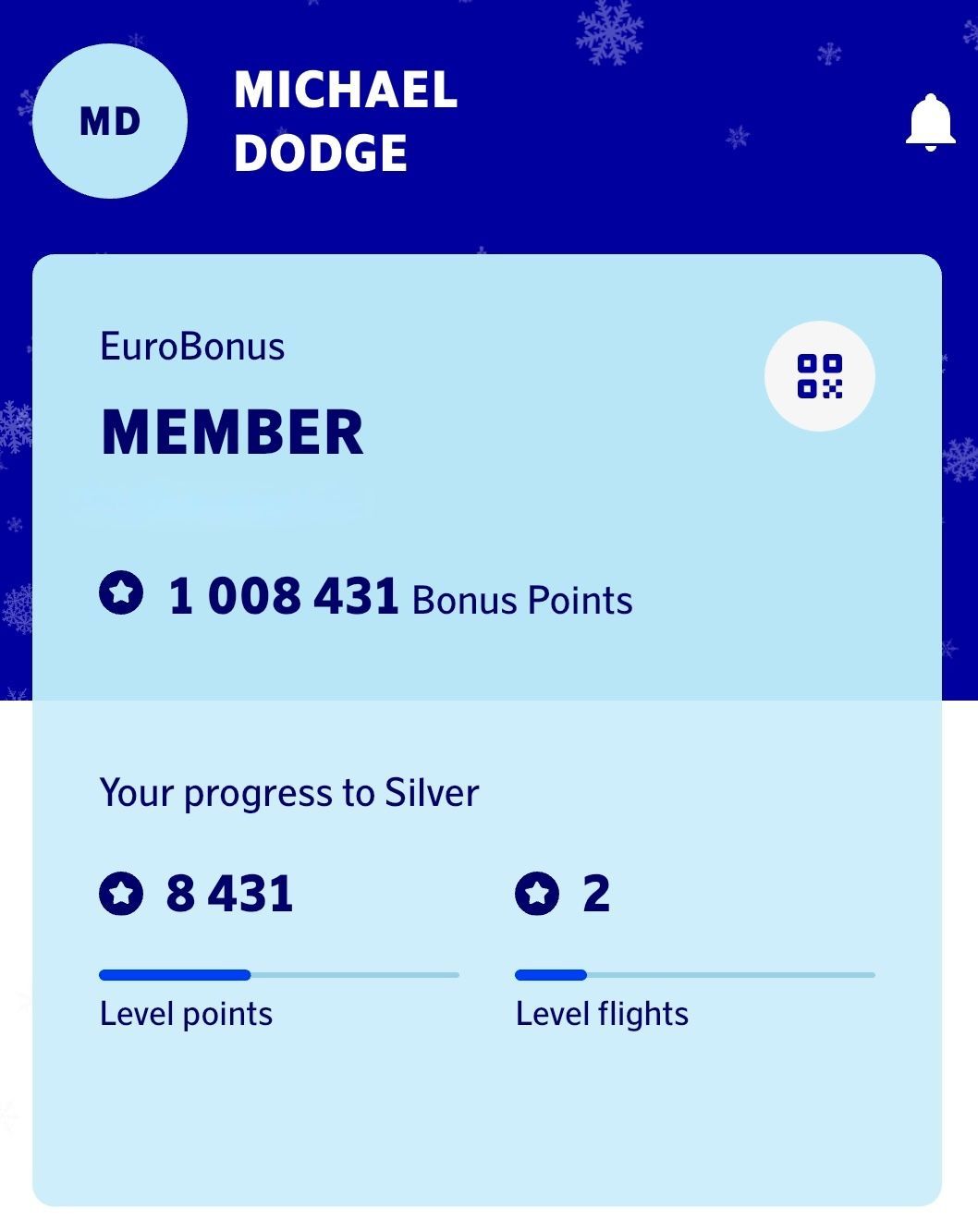 Screenshot showing my SAS account with a million miles in it